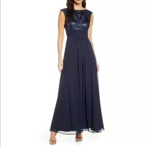 Eliza J Navy Sequin Embroidered Chiffon Gown NWOT